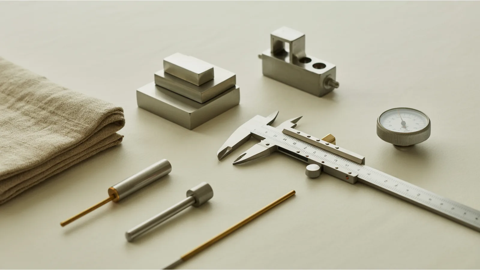 Precision measuring instruments laid out on a bone-white studio surface: brushed steel calipers, a stack of gauge blocks, a machinist square and a dial indicator, spaced generously apart in soft overhead light.
