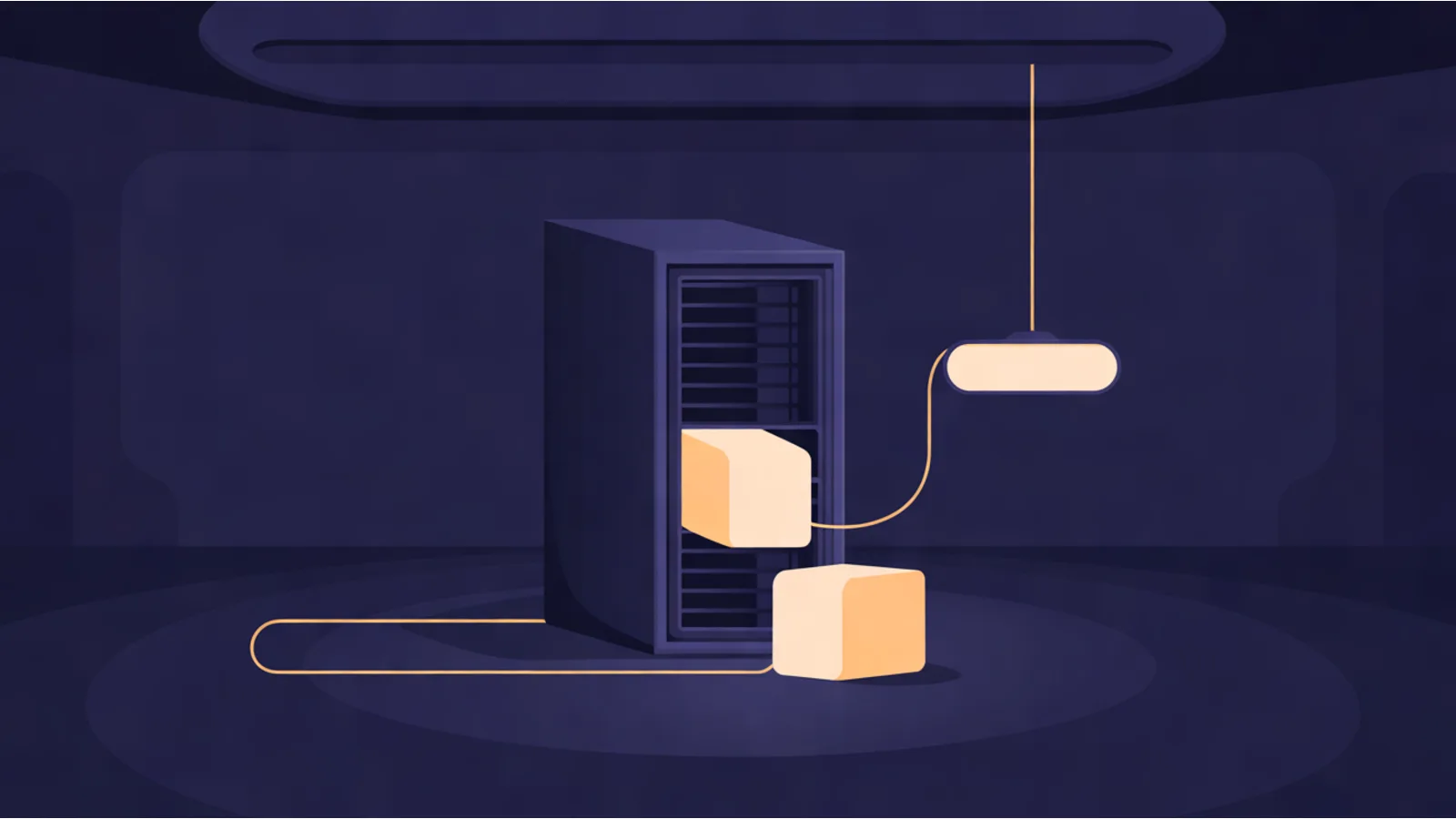 A dark server rack in a quiet navy room, one plain glowing block lifted out beside an identical brighter block, a thin amber line running from the rack to a small blank window panel.
