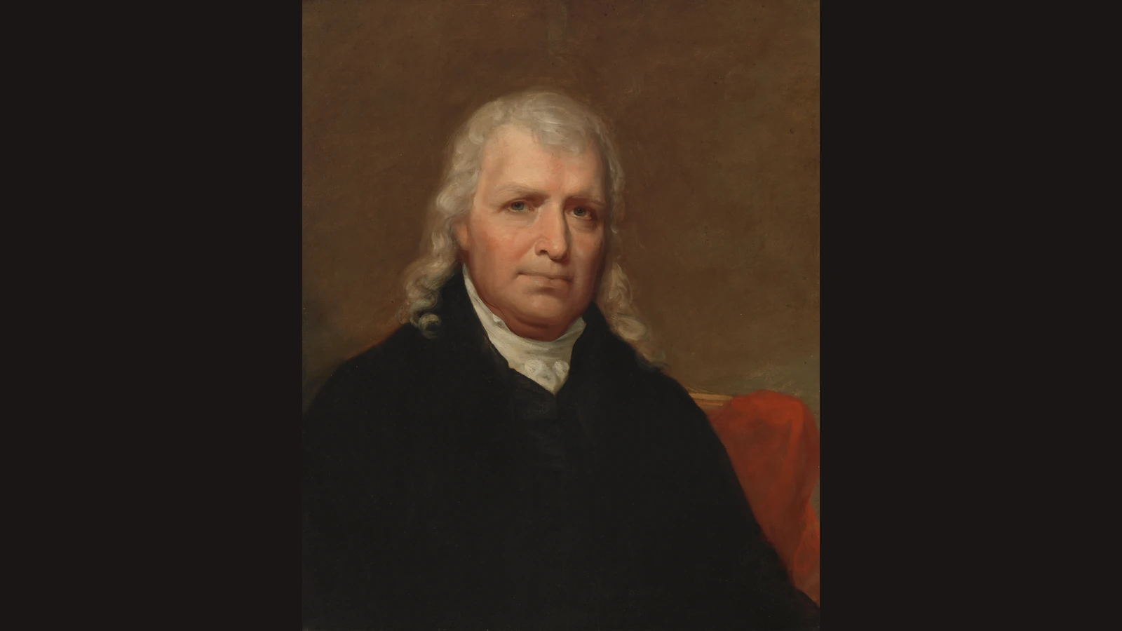 Oil portrait of a white-haired man in a dark coat and white neckcloth against a brown background; public domain portrait credited below.