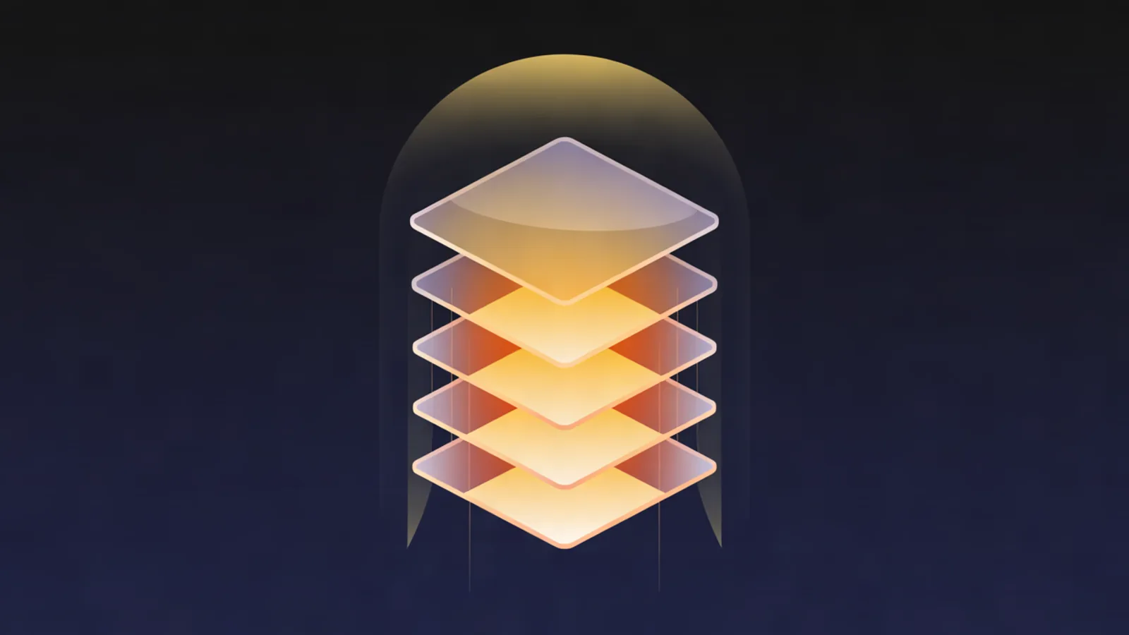 Five glowing glass layers stacked into a tower under a faint dome of light on a dark navy background, warm gold at the center fading to lilac at the edges.