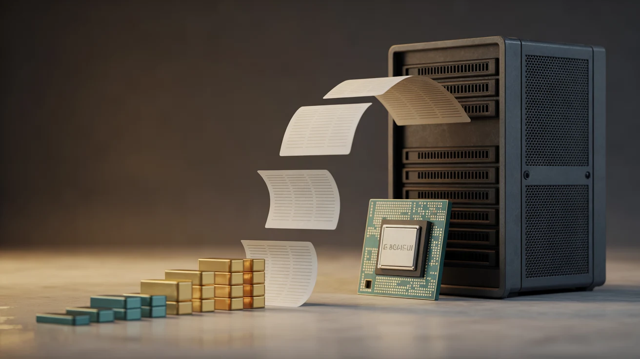 A compact processor turns a flow of documents into an ordered record before passing it to a larger server.