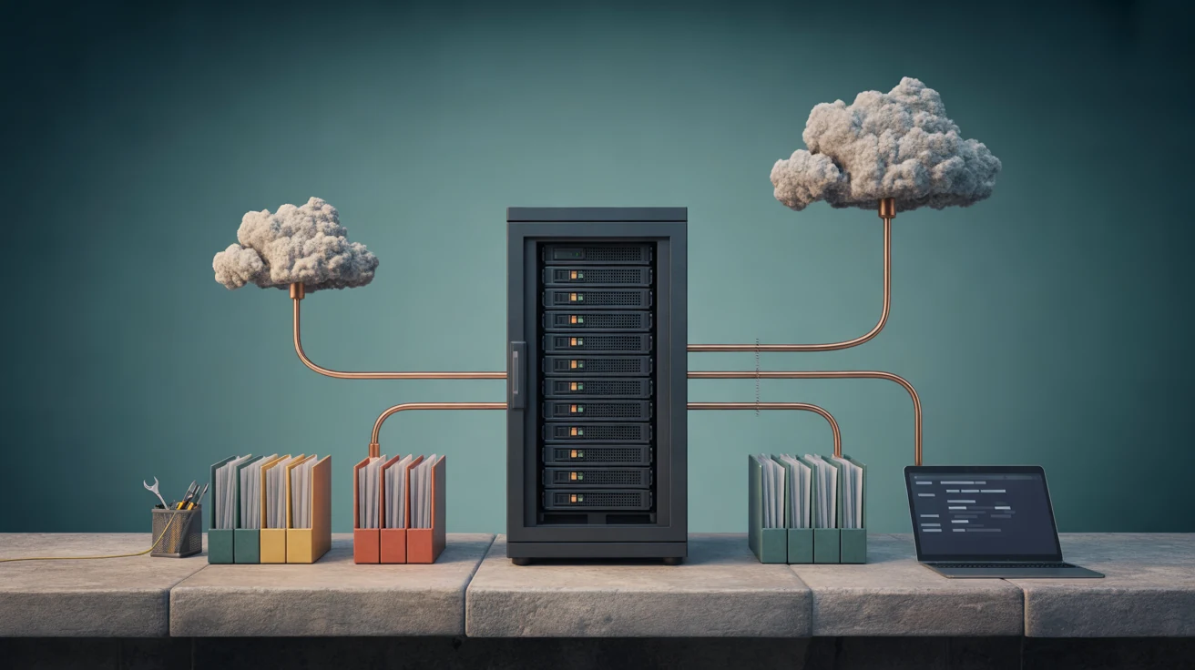A dedicated server beside organized project folders, with separate copper connections to a laptop and abstract clouds.