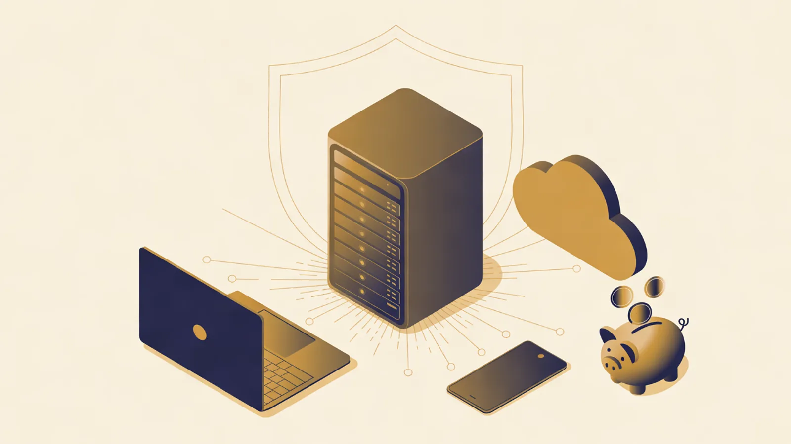 A compact server under a faint shield connects to a laptop, phone, cloud backup and piggy bank.
