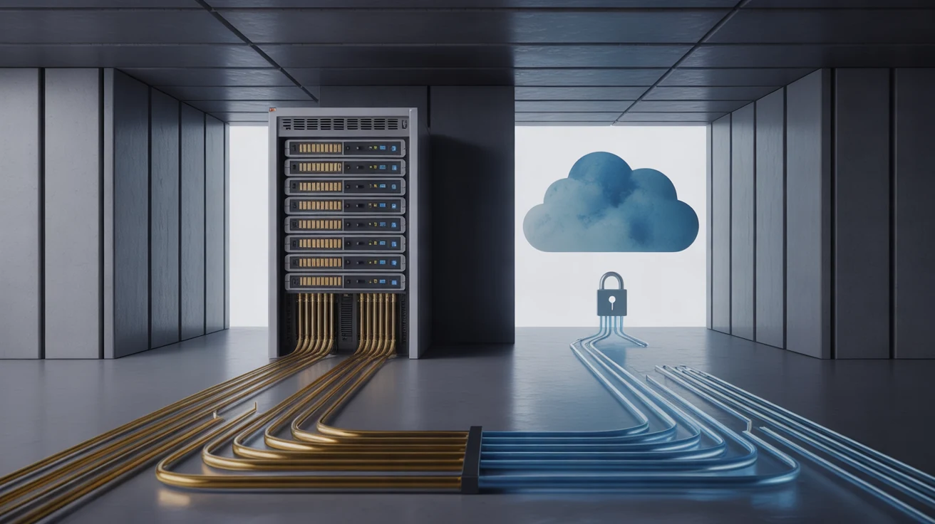 A dedicated server rack with separate gold and blue paths leading toward cloud services.