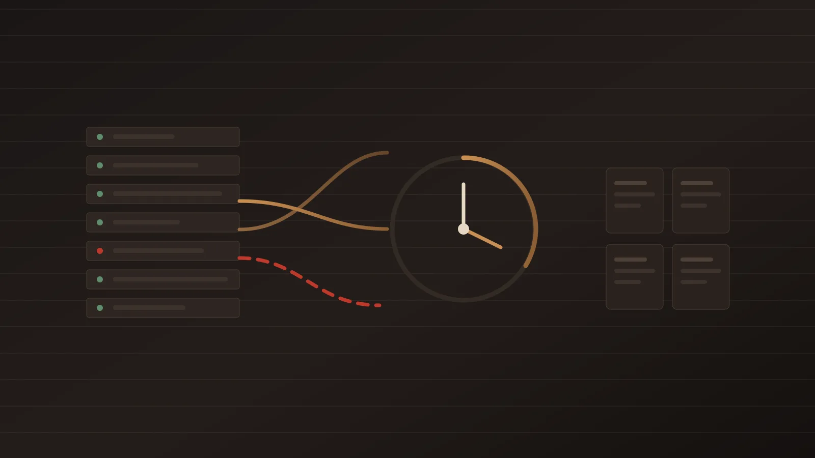 A rack server connected to organized folders, a clock face and a small browser window, with one connection drawn in red.
