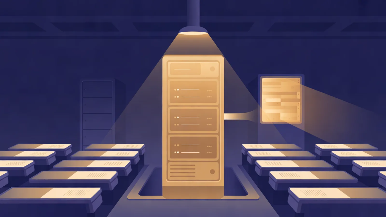 A lit server cabinet stands between parallel trays of blank documents in a navy and amber workshop.