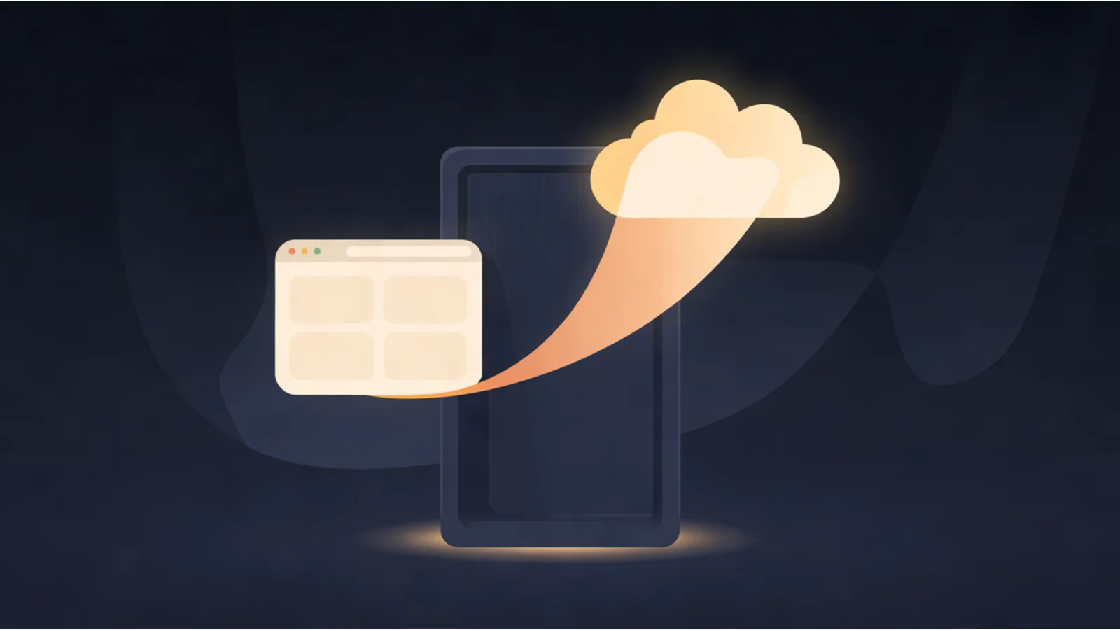 A dark server cabinet with a small browser window beside it, joined by one glowing amber line to a cloud.