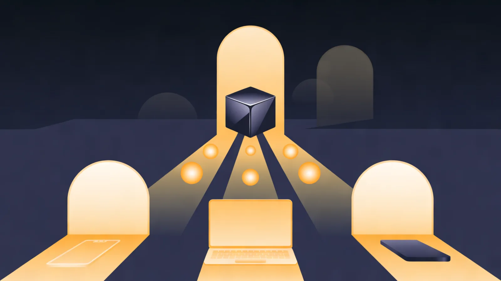 A dark server cube sends glowing orbs down three lit paths through archways to a laptop and two phones, while a dimmer gate stands apart in the background.
