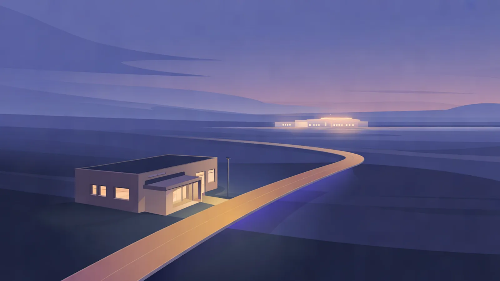 A small plain clinic at dusk, connected by a bridge of soft amber light to a distant larger building, with no people or markings.