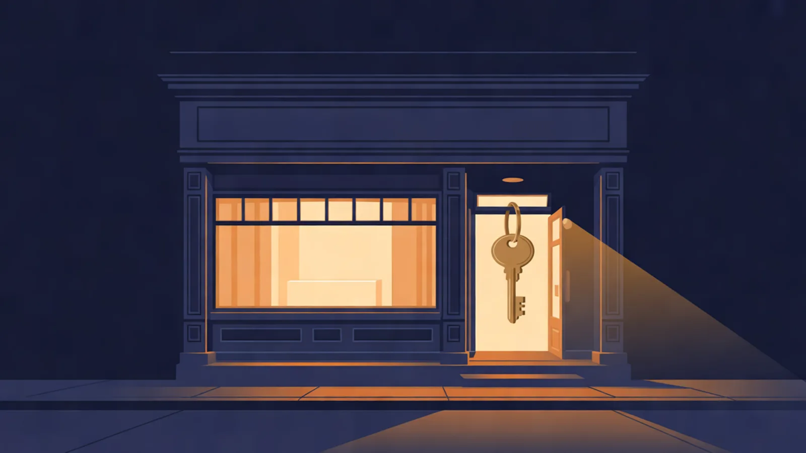 A small shopfront at night under a deep navy sky, its wide window glowing warm amber and its door open, with a large brass key hanging in the lit doorway and light spilling across the sidewalk.