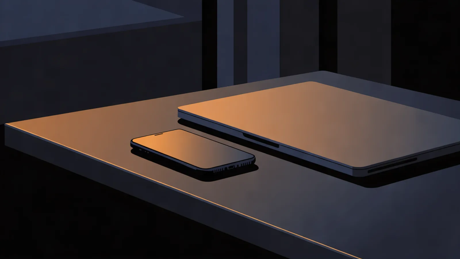 A phone and a laptop resting on a dark desk beneath a soft amber scanning light, with blank surfaces and no people.